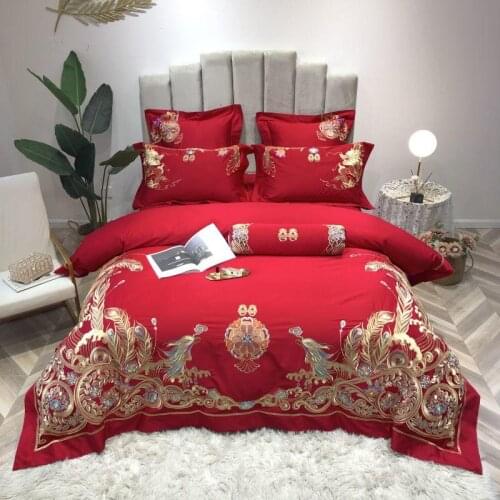 Wedding Red Bedding Set Phoenix embroidery Bed Set 100S Long-staple cotton Duvet Cover Set Queen King size Bed Sheet Pillowcases