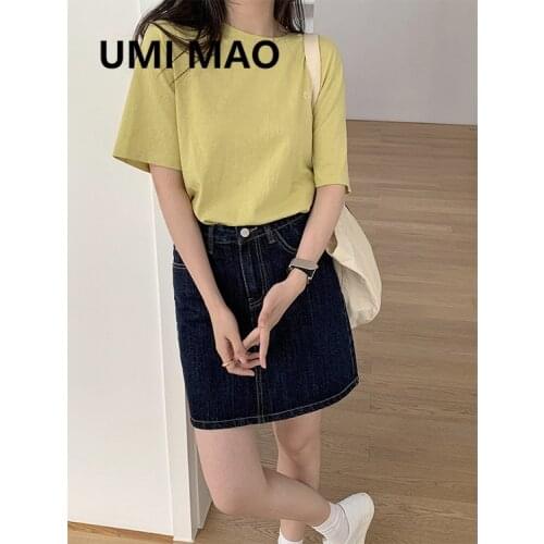 UMI MAO 2021 Spring New Solid Color Round Neck T-shirt Women Korean Version Loose And Versatile Basic Short-sleeved Top Women