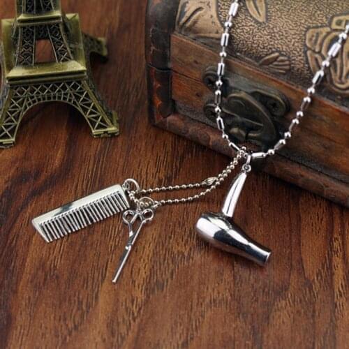 Unisex Hair Dryer Scissors Comb Pendant Chain Necklace Barbers Kit Hairdresser Gift