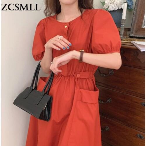 ZCSMLL temperament round neck orange dresses single-breasted pleated waist big pocket puff sleeve Korean vintage dress
