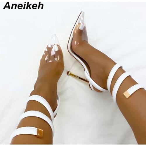 Aneikeh Zapatos De Mujer Fashion Retro PVC Womens Shoes Shallow Narrow Band Pointed Toe High Heels Wedding Sandals 2021 Summer