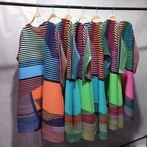 Miyake pleated striped dress Summer clothes for women 2020 geometric figure plus size sundress beveled split elegant wholesale