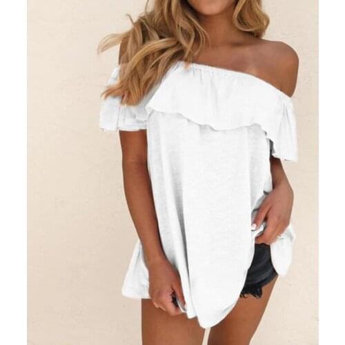 Women One-Line Collar Top Short Sleeve T-Shirt Fashion Summer Oversize Ladies Casual Loose Tee Plus Size Ruffle Female Clothing