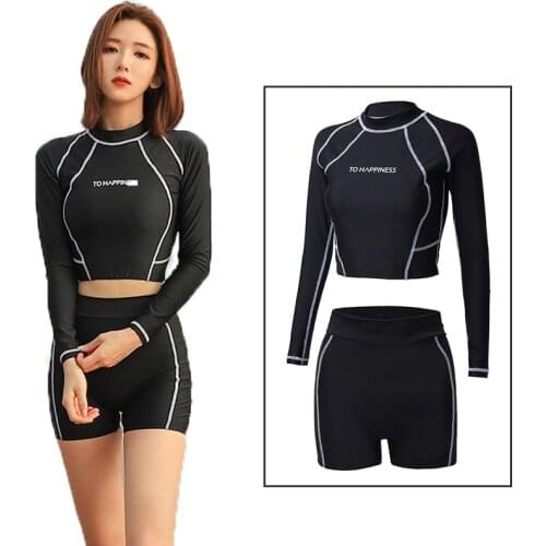 Womens Rashguard UV Sun Protection Crop Shirt Long Sleeve Swim Surfing Top High Waist Boyleg Bottom Two Pieces Tracksuit