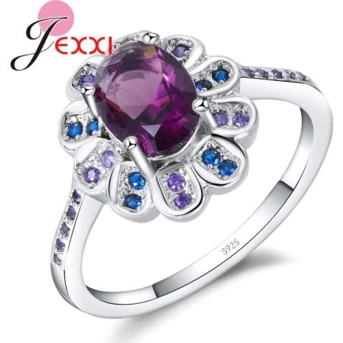 Hot Sale Purple & Blue CZ Crystal Flower Shape Rings 925 Sterling Silver Finger Jewelry for Women Girls Christmas Gift
