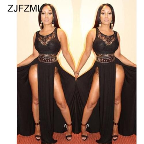 Double High Split Sexy Club Dress Women Sleeveless High Waist Lace Spliced Long Sundress Elastic Black White Maxi Party Dress
