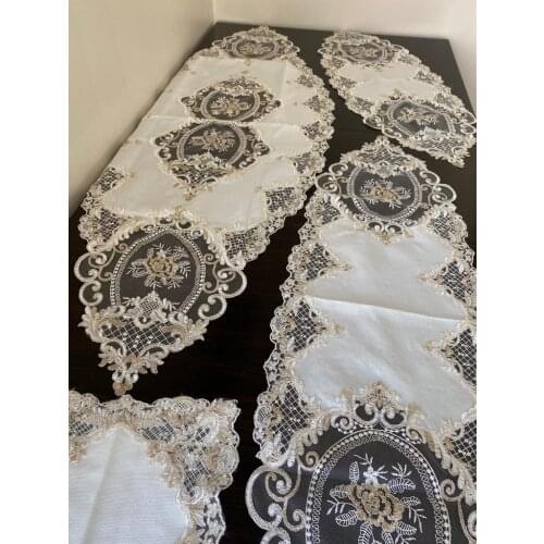 5 Parça Salon Takımı Linen Kumaş Fransız Dantelli