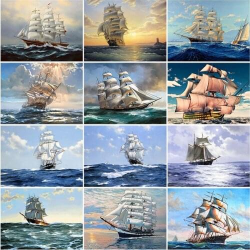 DIY 5D Diamond Painting Ship on Sea Full Round Diamond Embroidery Cross Stitch Kits Landscape Patterns Rhinestone Mosaic Decor