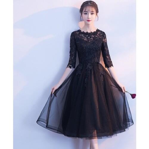 Banquet evening dress women new front short back long elegant party party dress black evening dress wedding bride evening dress