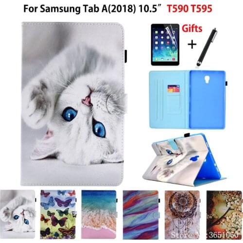 SM-T595 Tablet Case For Samsung Galaxy Tab A A2 2018 10.5" T590 T595 T597 SM-T590 Smart Cover Funda Cartoon Cat Shell+Film+Pen