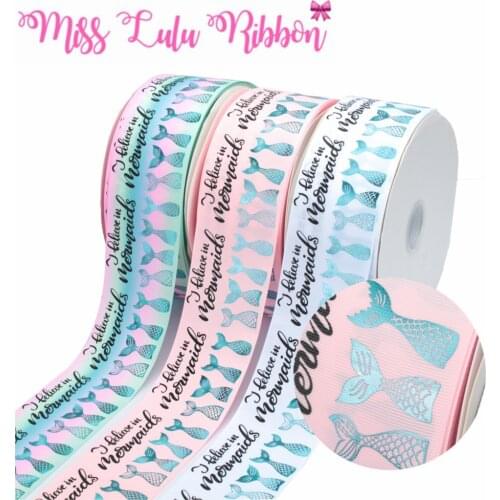 3"75mm Mermaid Tail Hologram Green Foil Black Ink Print Gradient Color Printed Grosgrain Ribbon DIY Hair Bowknots 50yards/roll