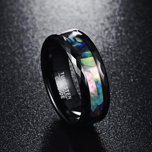 8mm Mens Abalone Shell & Polished Black Faceted Tungsten Carbide Rings Wedding Bands Size 5-14