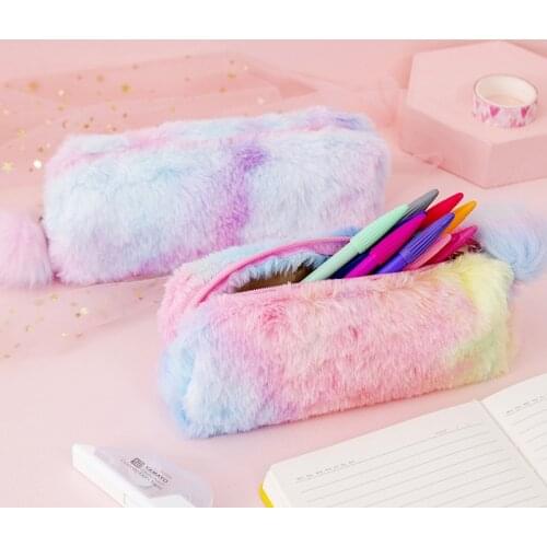 1Pc Kawaii Gradient Color Pencil Bags Cute Plush Pen Case Stationery Student Storage Bag School Supplies