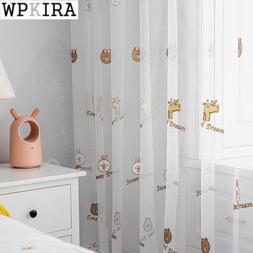 Cartoon Curtain for Kids Baby Room Bunny Giraffe Pattern Sheer Voile Drape for Living Room Mesh Fabric Window Blinds S386#D