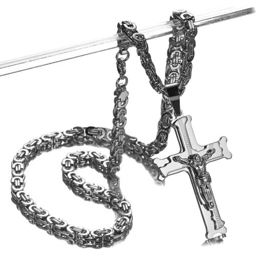Jesus Piece Cross Necklaces & Pendants for Men Stainless Steel Chain Byzantine Necklace Christian Crucifix Jewelry Gifts