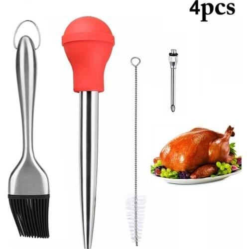 Turkey Baster Set Of 4 Quality Silicone Bulb Including Meat Arinade Injector Needle With Barbecue Basting Brush For Easy Clean