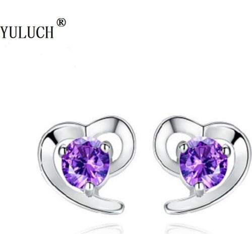 New Design Korean Stud Earrings Heart Pruple Stone Stud Earrings Lovely Style Fashion Jewelry For Woman Girls Party Wedding Gift