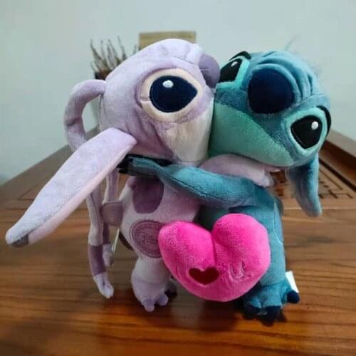 Disney Original Anime cartoon Lilo and Stitch Girlfriend Angel Hug With Red Heart Plush Toy Doll Tall About 20cm Kawaii Kid Gift