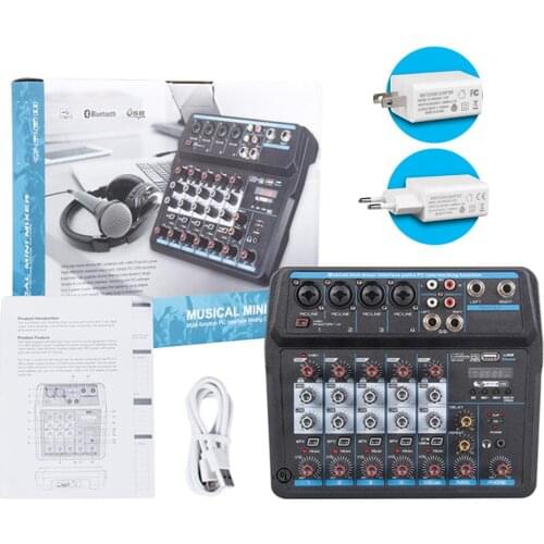 Professional Six-Channel Audio Mixer with USB Interface Bluetooth 48V Phantom Power Sound Mixing Console for DJ PC Recording