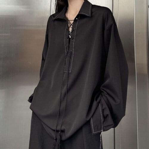 2021 Mens Fashion Trend Tassel Binding Rope Pullover Black Color Shirts Camisa Masculina Coat Streetwear Clothes Shirts M-XL