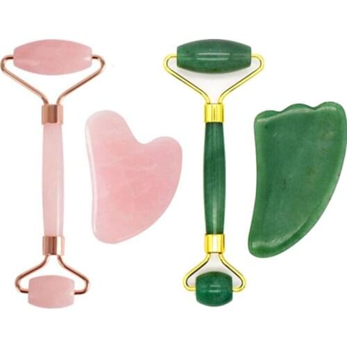 Rose Quartz Arc Handle Roller Massager Guasha Board Scraper Set Natural Crystal Stone Face Massage Roller Gouache Scraper Tools