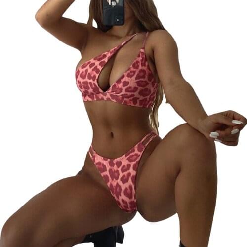 Sexy Women Bikini Leopard Asymmetric Shoulder Straps Swim Set One Shoulder Swimwear Split Push Up Swimsuits Bathing Suit