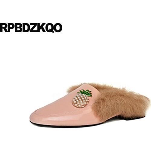 Slides 13 Pineapple Fashion Patent Leather 12 44 Slippers Designer Square Toe Ladies Beautiful Flats Shoes Large Size Pink Mules