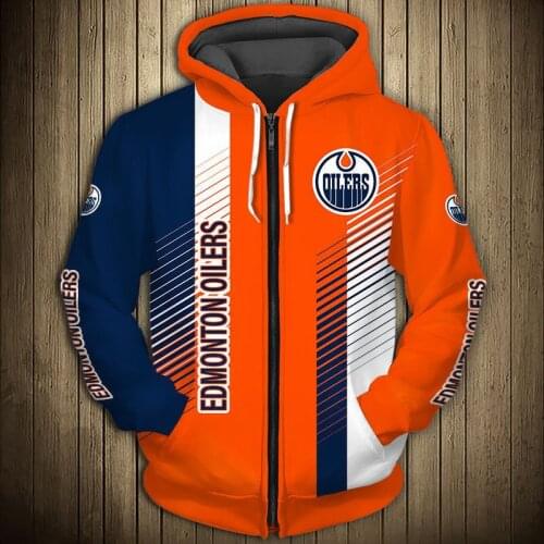 Edmonton mens Casual 3D Zipper Hoodie Orange Blue Stripes Stitching Cartoon Graffiti Print Oilers Sweatshirt