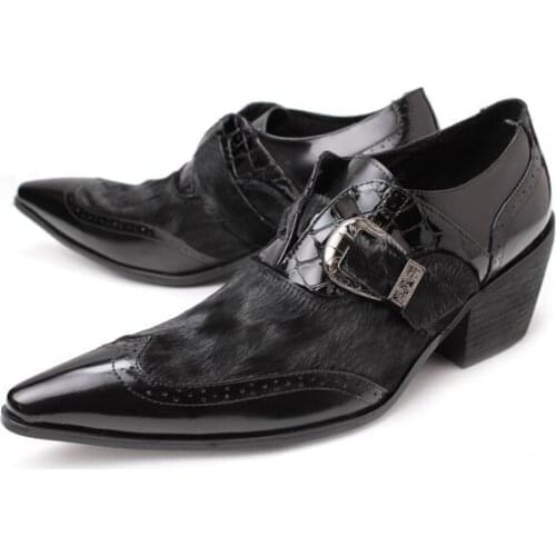 Christia Bella Pointed Toe Business Formal Male Genuine Leather Stitching Fur Buckle Shoes Fashion Party Mens Heighten Shoes