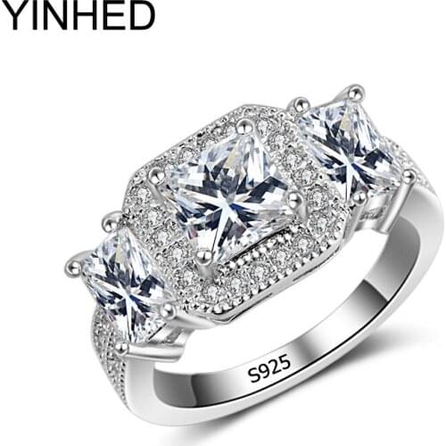YINHED Vintage Three-stone Women 6mm Top simulated Diamant Engagement Ring 925 Sterling Silver Wedding Ring Band Jewelry ZR224