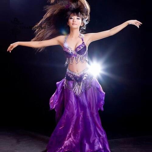 Lady Belly Dance Bra Belt Performance Clothing Accessories Ballroom Stage Dance Wear Women Sequin BellyDance Costumes 2pcs Set