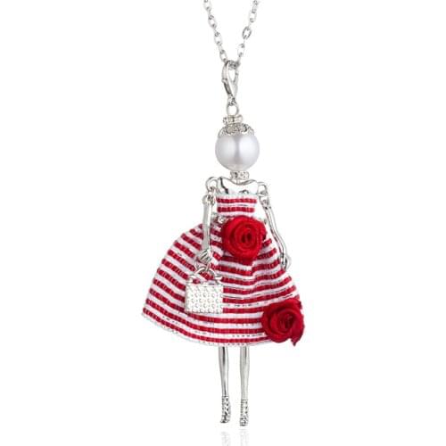 Floral Stripe Long Dress Pendant Necklaces For Women Red Pink Gray Paris Girl Fashion Long Chain Maxi Jewelry For Girls Gift