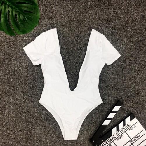 One Piece V Deep Backless Short Sleeve Beach Swimwear Women Push Up Pad Sexy Monokini Bathing Swimming Suit Women Swimwear