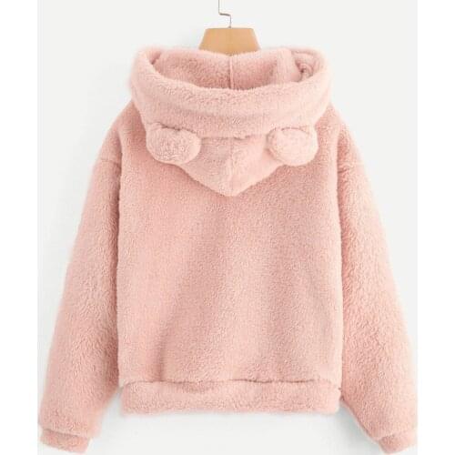 Womens Fluffy Hooded Sweatshirt Cute Autumn and Winter Warmth Pullover Bear Ear Cap Long-sleeved Double-sided Fleece Hoodie
