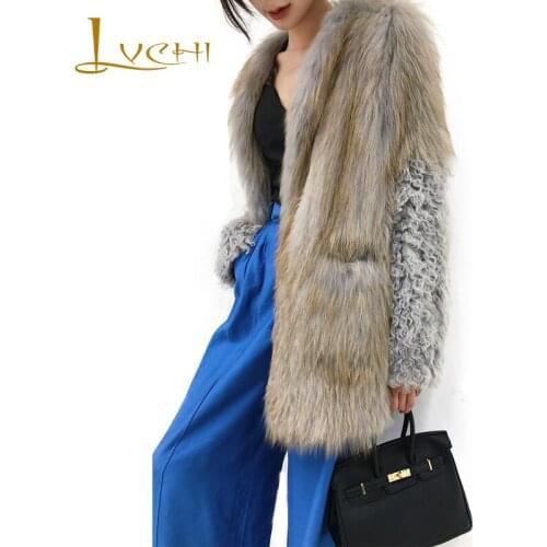 LVCHI 2019 Winter Import Real Fox Fur Coats Deep V-Neck Natural Fox Fur Coat Womens Pure Color Waving Medium Wave Fox Fur Coats