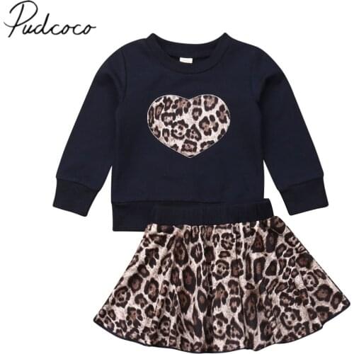 2019 Baby Spring Autumn Clothing Fashion Newborn Baby Girls Top Long Sleeve Leopard Heart Mini Skirt 2Pcs Outfits Clothes