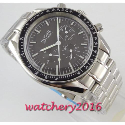 40mm bliger gray dial steel strap week indicator multifunction automatic mens watch