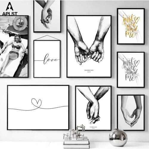 Abstract Line Love Heart Poster Holding Hands Canvas Prints Black and White Bikini Woman Picture Nordic Wall Art Decoration