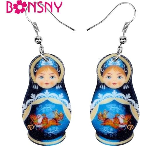 Bonsny Acrylic Cute Russian Doll National Culture Printing Earrings Drop Dangle Fashion Jewelry For Women Girls Teens Gift
