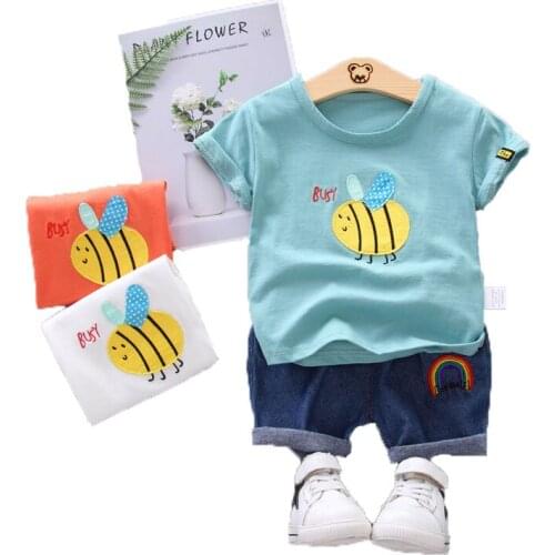 Children Clothes Sets Summer Baby Little Bee Print Short Sleeve Rainbow Jeans Kids Boys And Girls Casual Costume Clothing Suit