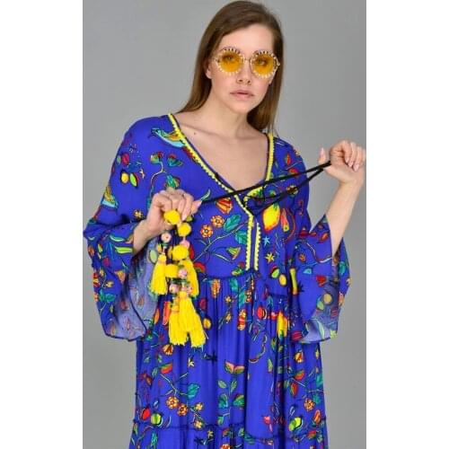 Long Boho Navy Blue Dress With Yellow Tassels 2021 New Fashion Bohemian Style Authentic Womens Clothing Xs To 5xl
