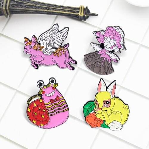 Cute Pink Pig Snail Peak Enamel Pins Angel Flying pig snail Pink Cloud Rabbit Custom Badges Lapel Pin Brooches Jewelry Gift