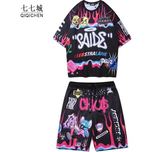 T Shirt Shorts Set Men HipHop Colorful Funny Letter Graffiti Print Street Cartoon Casual Oversize Tee Shirts Male Clothing Suit