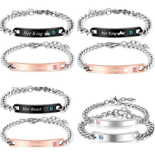 Hot Sale 10 Styles Rose Gold Color Crystal Couple Bracelet for Couple His Queen Her King Black Gun Bangles Hands Bracelets