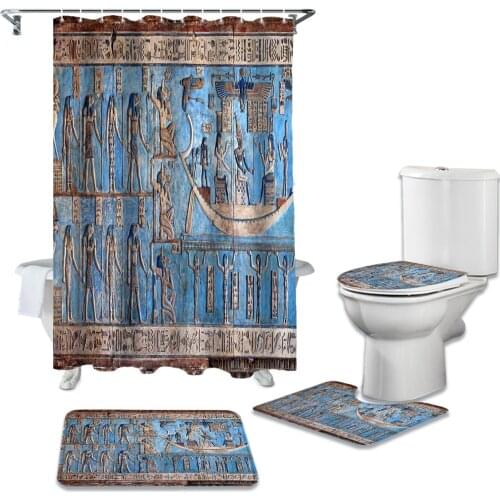 Hieroglyphic Carvings Ancient Egyptian Temple Shower Curtain Sets Rugs Toilet Lid Cover Bath Mat Waterproof Bathroom Curtains