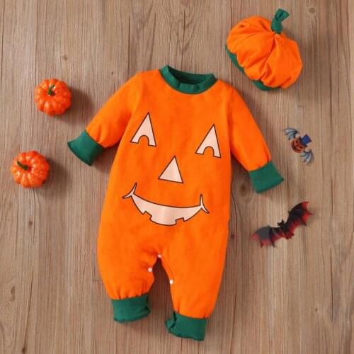 2021 Newborn Baby Halloween Clothes For Boys And Girls 0-18m Autumn Climbing Jumpsuit Long Sleeve Infants With Hat 2pcs Costume