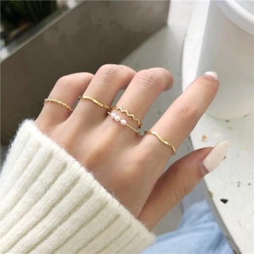 New Fashion Rings for Women Geometric Joint Pearl Rings Sets Women Girls Jewelry Korean Version Metal Joint Rings bijoux femme