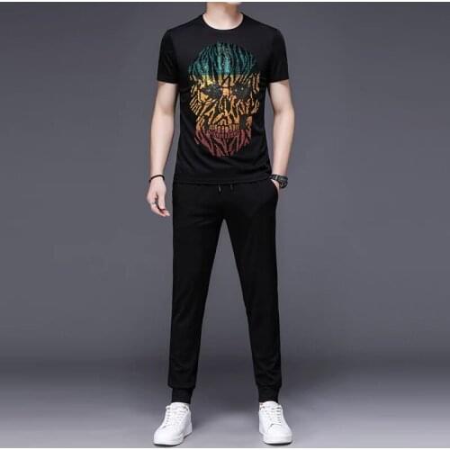 Summer Unisex Short-Sleeved Slim Round Neck T-Shirt + Trousers Youth Trend Diamond-Studded Black Shiny Couple Two-Piece Suit
