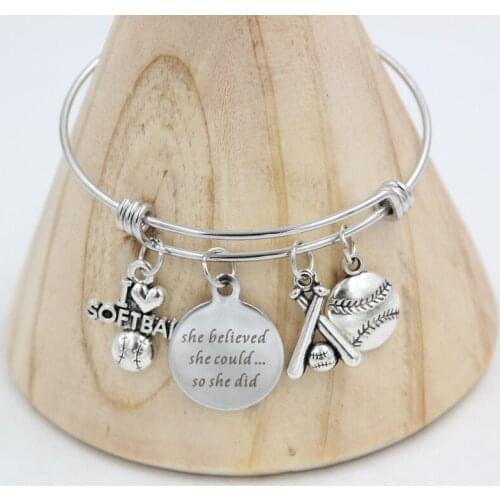 Fashion Sport Jewelry I love Softball Bracelets Stainless Steel Bangles for Women Gifts Pulsera