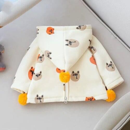 Back Zipper Print Jacket Newborn Baby Bear Hoodie Toddler Girl Winter Coat Baby Kid Boy Autumn Winter Beige Plus Fleece Jacket